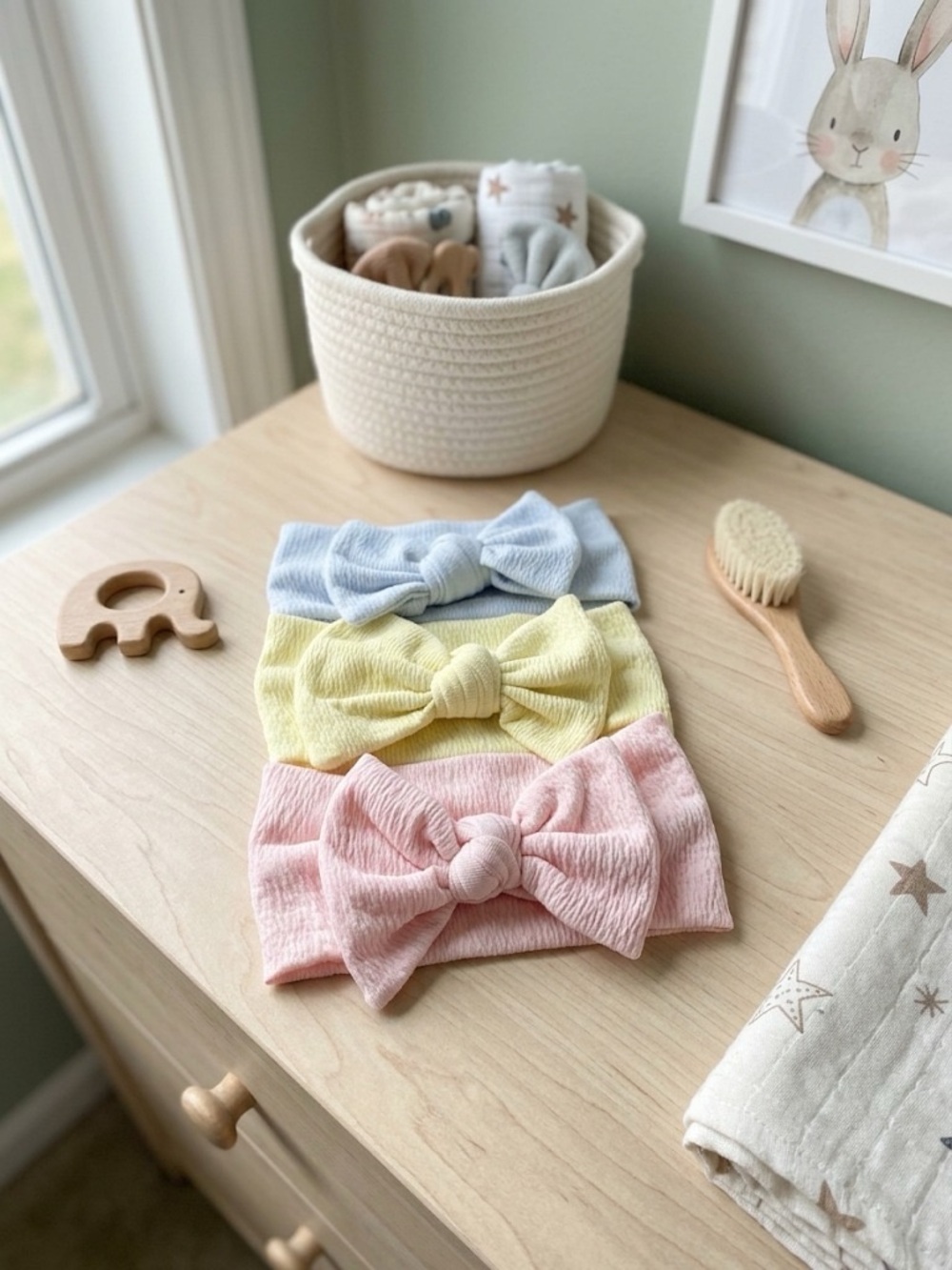 NEW trio of handmade Baby Girl bow Headband cute baby shower gift, nylon fabric.